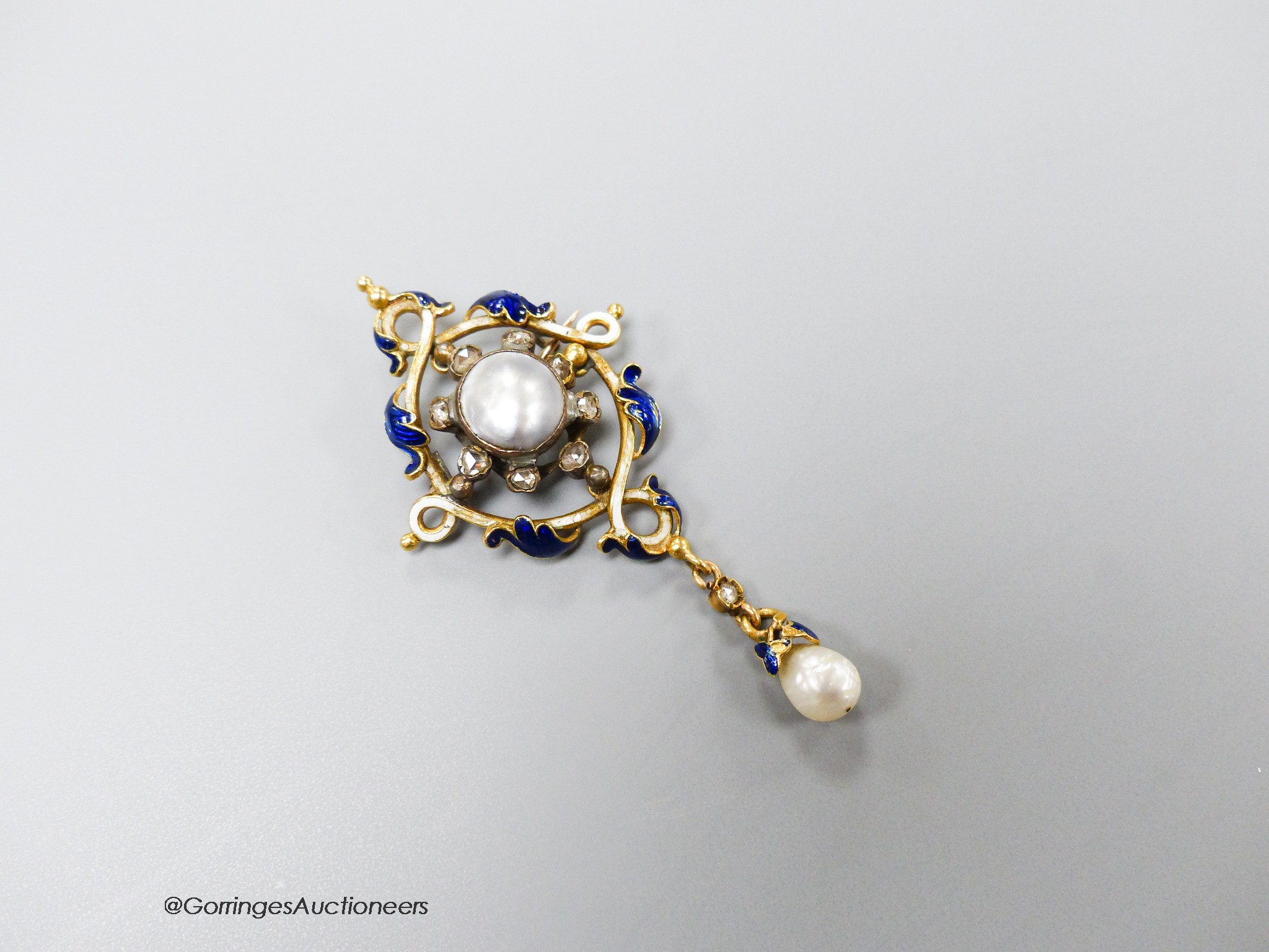 A 19th century continental yellow metal enamel, split and baroque pearl and rose cut diamond set drop pendant (adapted), 6cm, gross 9.1 grams.